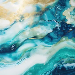 Papier Peint photo Cristaux Marble stone bleu swirls and gold and white waves like water. 