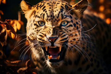 Portrait of a beautiful roaring leopard, wild animal look