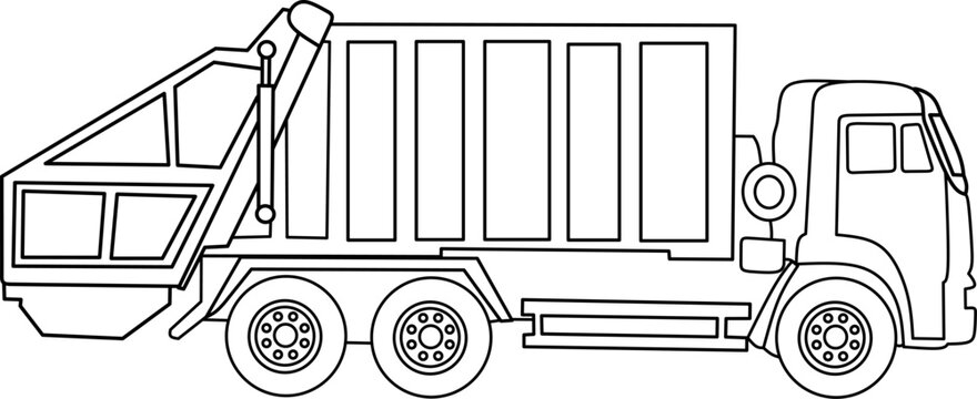 line art garbage truck, for coloring book