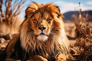 Portrait of a majestic lion, wild animal look