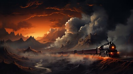 As the train billowed steam into the cloud-streaked sky, it chugged through the rugged desert terrain, passing by majestic mountains and a distant active volcano - obrazy, fototapety, plakaty