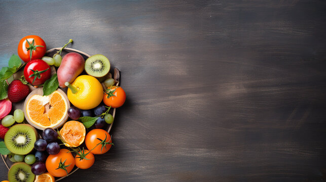 fruts vegetables on a wooden background