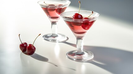  a couple of glasses filled with liquid and cherries on a table.  generative ai