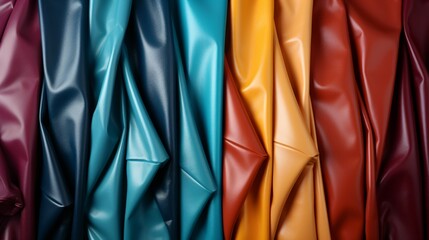 A vibrant array of fabrics, from smooth silk to supple leather, come together in a stunning display of diverse clothing that embodies individuality and boldness - obrazy, fototapety, plakaty