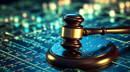 Data center background with a judge's gavel symbolizing the intertwining of technology and the legal system in the modern world, Space for additional content,