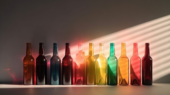  a group of bottles sitting next to each other on a table.  generative ai