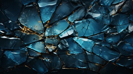 An ethereal dance of fractured hues, as shimmering blue and golden light seeps through the cracks of a shattered glass, evoking a sense of abstract beauty and fleeting moments