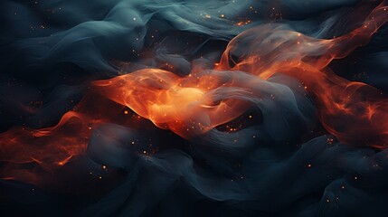 Capturing the essence of fiery passion and artistic expression, this image of swirling orange and blue smoke on a smokey fabric ignites the senses and sparks the imagination