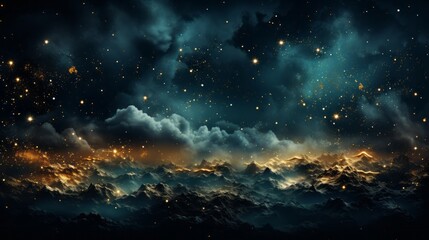 An ethereal night sky blankets a majestic mountain range, its stars and clouds dancing in the vast expanse of the universe, evoking a sense of wonder and awe in the wild and untamed landscape - obrazy, fototapety, plakaty