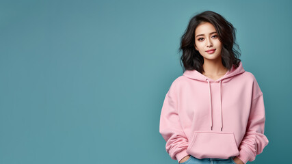 Obraz premium An Asian woman wearing pink sweatshirt isolated on pastel background
