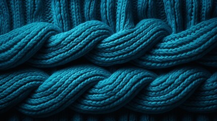 Intertwined threads of vibrant blue, intricately knotted and crocheted, creating a dynamic fabric of fibers and twine, evoking a sense of warmth and coziness