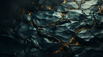 A mesmerizing abstract masterpiece of black and gold rock formations, illuminated by the reflection of natural light, capturing the essence of wild beauty and fluid emotion