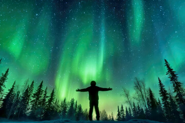 Obraz na płótnie Canvas Traveler person enjoys magnificent northern lights