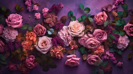  a bunch of pink roses on a purple background with leaves.  generative ai
