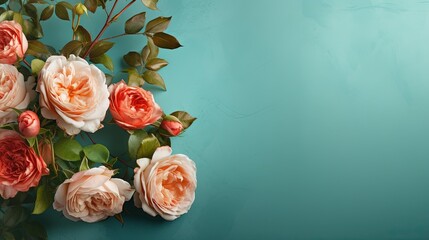  a bunch of pink roses on a blue background with green leaves.  generative ai