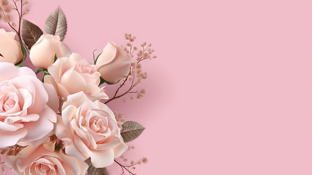  a bouquet of pink roses on a pink background with leaves.  generative ai