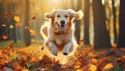 Dog, golden retriever jumping through autumn leaves in autumnal sunlight