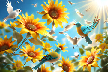Fototapeta na wymiar beautiful flowers and birds