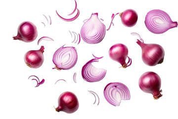 A lot of slice of red onions float on transparent background