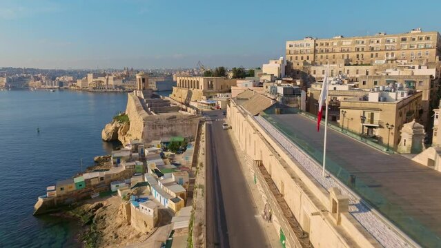 Drone view of Valletta city - MCC, Lower Barrakka Gardens. Morning, Malta island