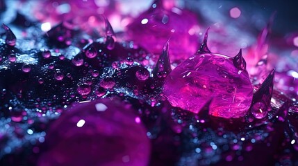  a close up of a bunch of purple diamonds with drops of water on them.  generative ai