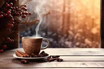 Selbstklebende Fototapeten Hot Coffee Cup With Beans And Smoke On Wooden Table Background. Winter Backdrop. Christmas. Decoration. Wallpaper © Wasin