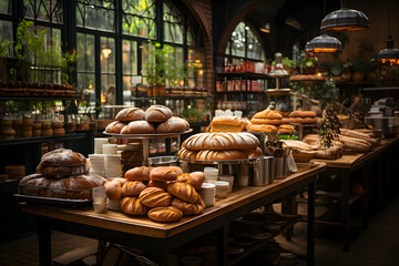 Interior of a cozy bakery with shelves full of freshly baked bread. - obrazy, fototapety, plakaty