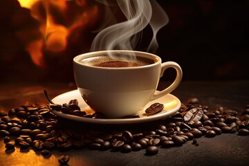 Hot Coffee Cup With Beans And Smoke On Wooden Table Background