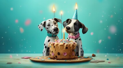  two dalmatian dogs sitting in front of a birthday cake.  generative ai - obrazy, fototapety, plakaty
