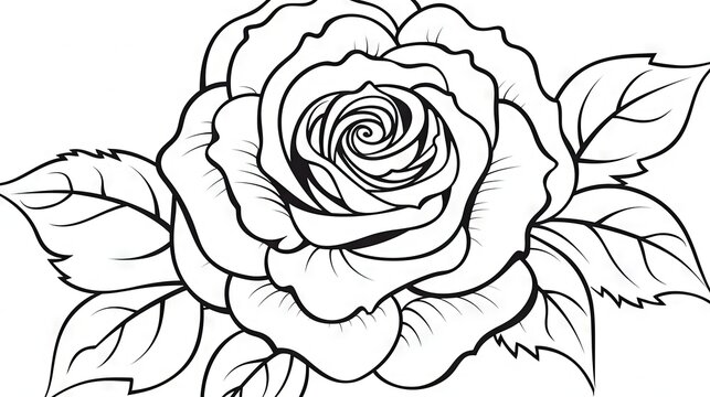  a black and white rose with leaves on a white background.  generative ai