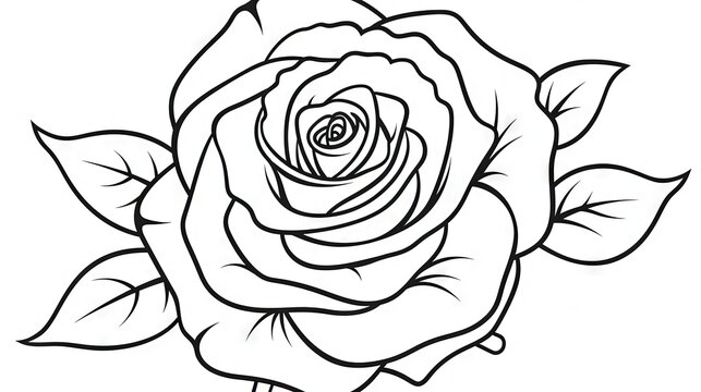  a black and white rose flower with leaves on the stem.  generative ai