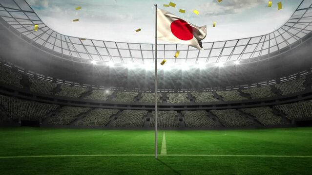 Animation of golden confetti falling over waving japan flag against sport stadium