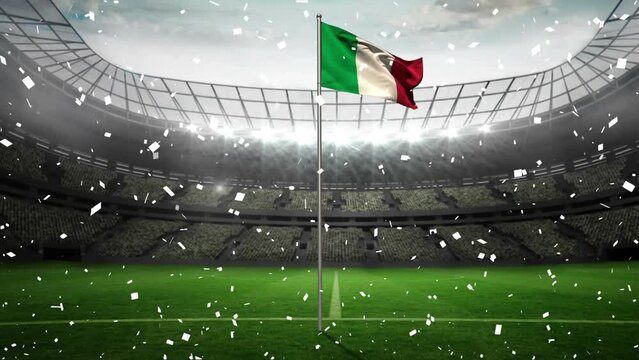 Animation of confetti falling over waving italy flag against sport stadium