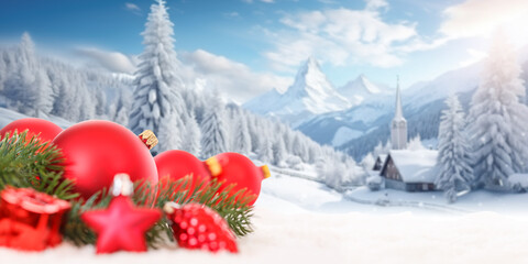 Christmas card with balls baubles background copyspace copy space in the mountains panorama winter decoration snow