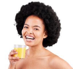 Portrait, smile and black woman with orange juice for nutrition in png or transparent and isolated background. Girl, glass and vitaminc with happy face, health or detox for diet and wellness.