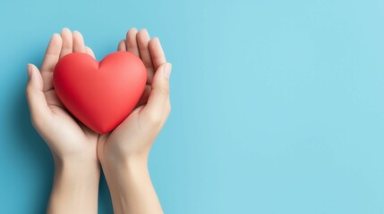 Hand Holding a Red Paper Heart-Shaped Symbolizing Emotional Mental Health and Love on a Blue Background, Top-down view, Support Positivity, Wellness, and Happiness Concept