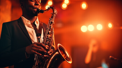 Man playing a saxophone in a jazz club, African American, blurred background, with copy space