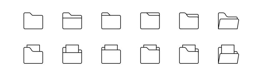 Folder icon set. Folder with file. Open folder document. Editable stroke. Vector illustration.