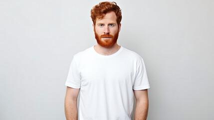 Horizontal shot of prosperous male enterpreneur with appealing look, thick ginger beard, has serious look at camera, listens attentively investors, wears casual t shirt, isolated on white wall