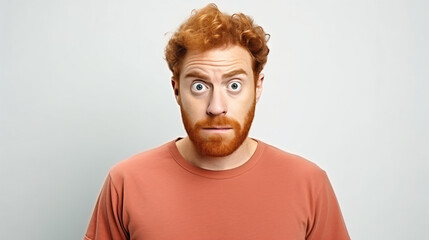 Horizontal shot of prosperous male enterpreneur with appealing look, thick ginger beard, has serious look at camera, listens attentively investors, wears casual t shirt, isolated on white wall