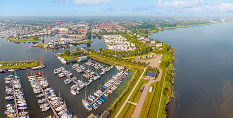 Aerial panorama from the city Zeewolde at the Veluwe meer in the Netherlands - obrazy, fototapety, plakaty