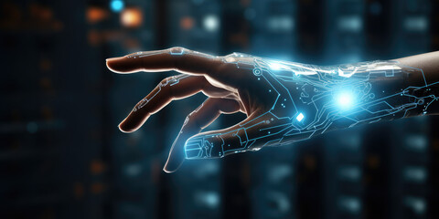 Human hand blending into AI robotic hand, in hi tech environment, using laptop  - obrazy, fototapety, plakaty