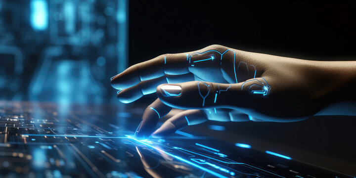 Human hand blending into AI robotic hand, in hi tech environment, using laptop 