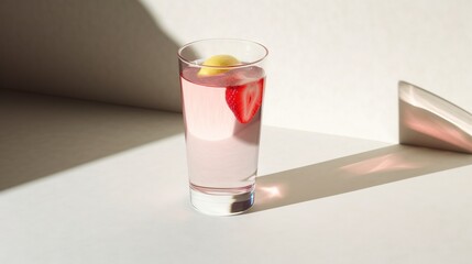  a glass filled with a liquid and a slice of fruit.  generative ai