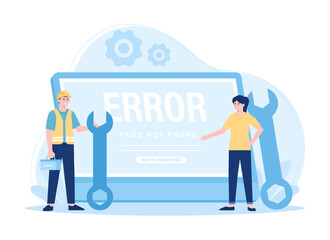 Repair services with technical and laptop support technicians concept flat illustration