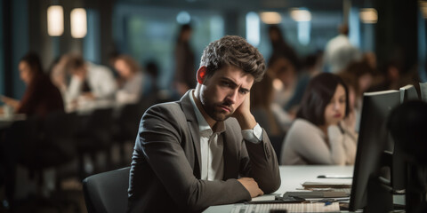Male office worker, looking sad after bullying at work  - obrazy, fototapety, plakaty