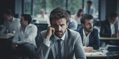 Male office worker, looking sad after bullying at work 