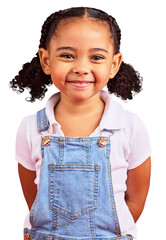 Portrait, child with a smile and girl with happiness on isolated, transparent or png background...