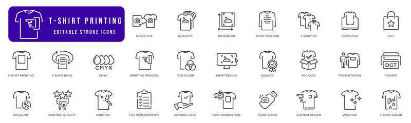 T-shirt printing icon set. Printer, paint, t-shirt elements. Printing on apparel linear icon illustration