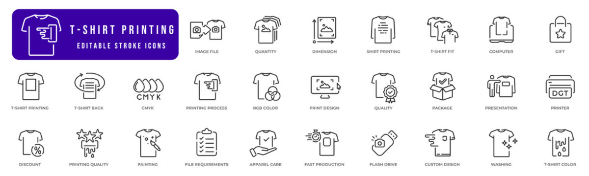 T-shirt printing icon set. Printer, paint, t-shirt elements. Printing on apparel linear icon illustration